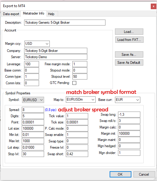 Tickstory export settings