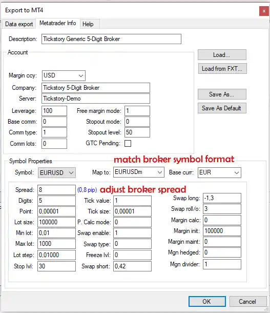 Tickstory export settings